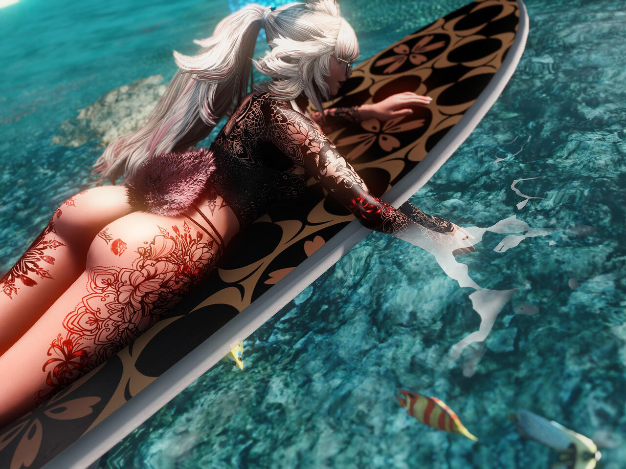16/07/2023 Gpose of a bunny girl reaching into the water as the fish swim underneath her. Gpose taken on 16/07/2023