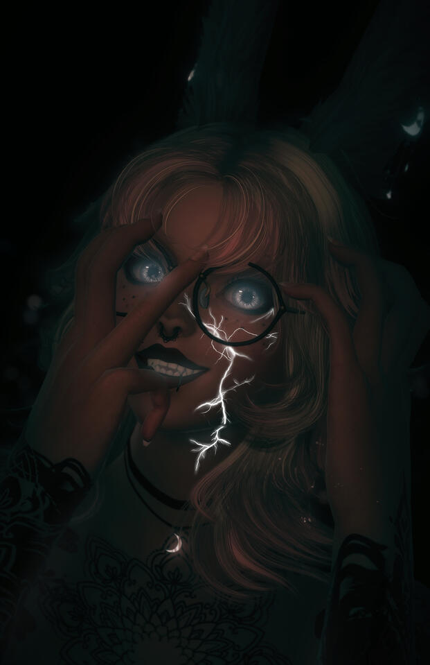 13/10/2023 Gpose of a bunny girl's face cracking as the light begins to break out from inside her. Gpose experiment taken on 13/10/2023