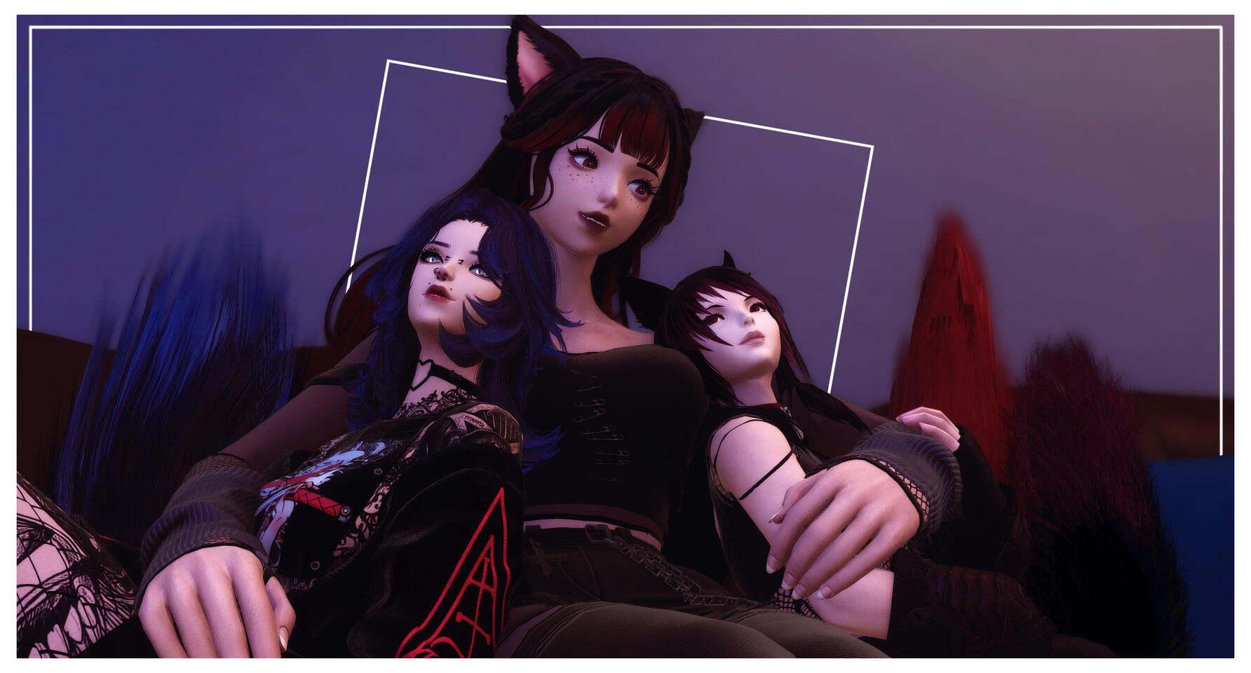 11/03/2024 Gpose picturing a trio of cat girls cuddling on the couch in each other's arms. Taken on 11/03/2024