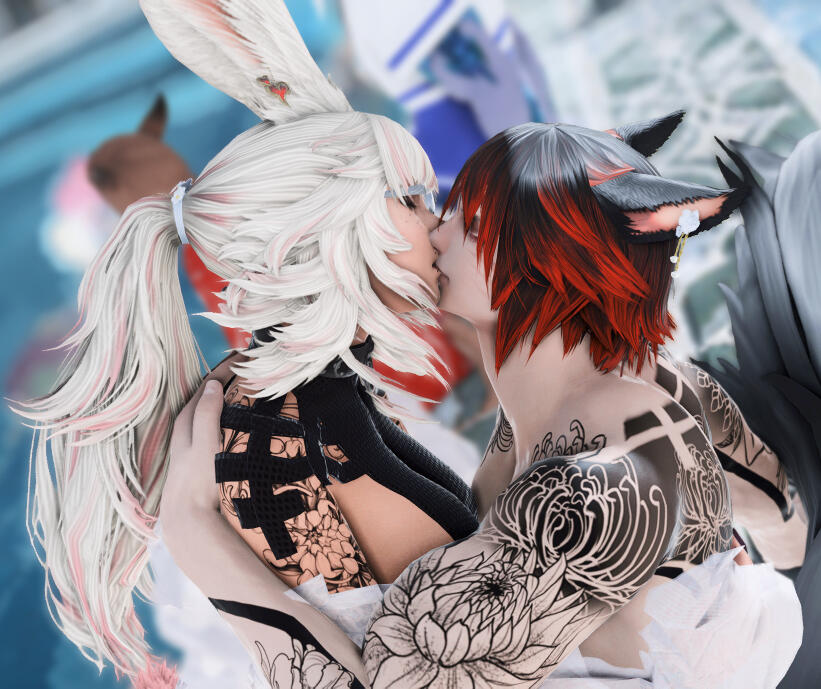23/04/2023 Gpose of a bunny girl kissing a red haired cat boy in the pool. Taken on 23/04/2023